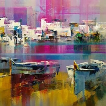 绘画 标题为“Boats at the Quay” 由Malinga Kumarasinghe, 原创艺术品, 丙烯 安装在木质担架架上