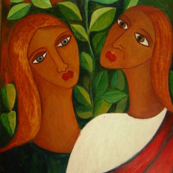 Ζωγραφική με τίτλο "Sisters in the Gard…" από Manohar Mohan Raja, Αυθεντικά έργα τέχνης, Airbrush