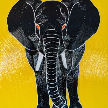 Schilderij getiteld "The Black Elephant" door Manuel Tallini, Origineel Kunstwerk, Acryl Gemonteerd op Frame voor houten bra…