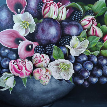 Painting titled "Fruits and Flowers" by Mariam Mary Ellen, Original Artwork, Oil