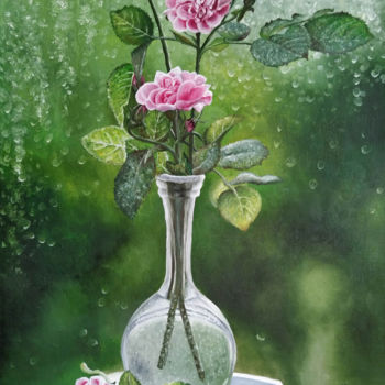Peinture intitulée "Roses by the rainy…" par Mariam Mary Ellen, Œuvre d'art originale, Huile