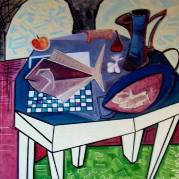Malarstwo zatytułowany „Table au turbot” autorstwa Marc Bulyss, Oryginalna praca, Olej Zamontowany na Drewniana rama noszy