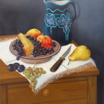 Painting titled "Cruche bleue et fru…" by Marc Degieux, Original Artwork, Oil