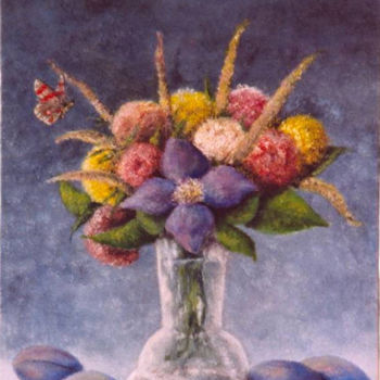 Painting titled "Fleurs et Prunes /…" by Marc Haumont, Original Artwork, Oil