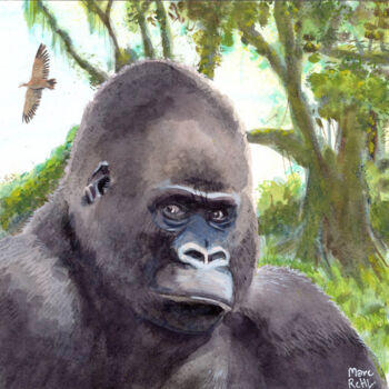 Pintura titulada "Gorille et oiseaux" por Marc Rouchairoles, Obra de arte original, Acuarela