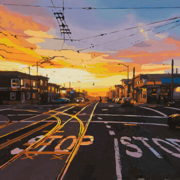 Картина под названием "San Francisco Sunse…" - Marco Barberio, Подлинное произведение искусства, Акрил Установлен на Деревян…