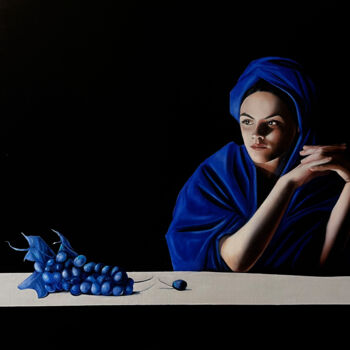 Peinture intitulée "Uvas de sabor azul" par Marco Zamudio, Œuvre d'art originale, Huile Monté sur Panneau de bois