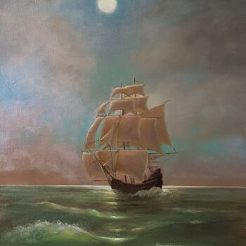 「okręt w świetle ksi…」というタイトルの絵画 Marek Klaryskaによって, オリジナルのアートワーク, オイル