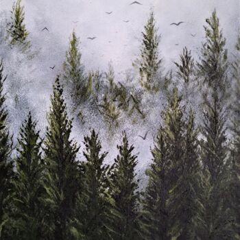 Painting titled "Fir trees in the fog" by Maretta Elsalieva, Original Artwork, Acrylic