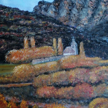 Painting titled "Autumn landscape" by Maria Galan, Original Artwork, Oil Mounted on Wood Stretcher frame