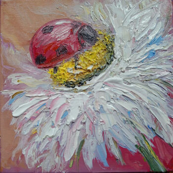 Painting titled "Ladybug - lucky cha…" by Maria Galan, Original Artwork, Oil Mounted on Wood Stretcher frame