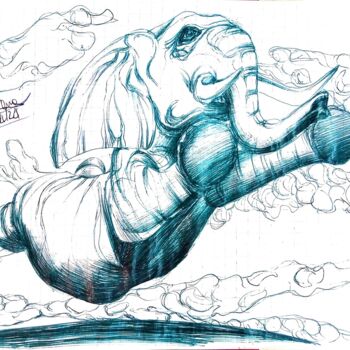 Rysunek zatytułowany „Elefante volante III” autorstwa Mariaceleste Arena, Oryginalna praca, Długopis Zamontowany na Szkło