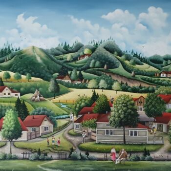 Pintura titulada "Le village en Rouma…" por Mariana Mihut, Obra de arte original, Oleo