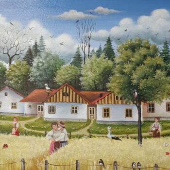 Painting titled "Le champ de ble" by Mariana Mihut, Original Artwork, Oil