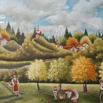 Painting titled "L'automne a la camp…" by Mariana Mihut, Original Artwork, Oil