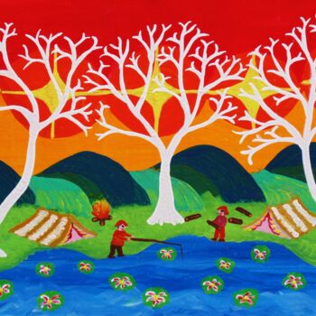 Malarstwo zatytułowany „il camping sul lago” autorstwa Mariateresa Sala, Oryginalna praca, Akryl Zamontowany na Drewniana ra…