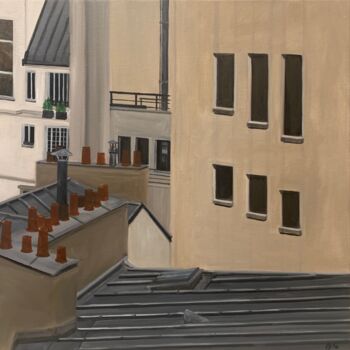 Schilderij getiteld "Vue sur les toits (…" door Marie France Garrigues, Origineel Kunstwerk, Olie Gemonteerd op Frame voor h…