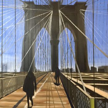 Painting titled "Le Brooklyn bridge" by Marie France Garrigues, Original Artwork, Oil Mounted on Wood Stretcher frame