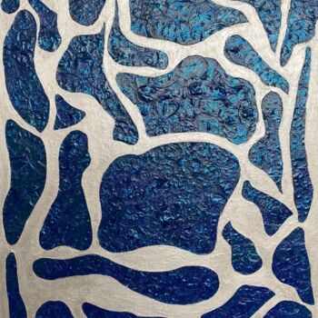 Κολάζ με τίτλο "Mirage bleu" από Marie Josée Tomé, Αυθεντικά έργα τέχνης, Κολάζ Τοποθετήθηκε στο Ξύλινο φορείο σκελετό