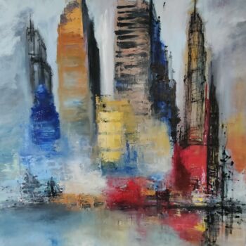 Painting titled "Big city2" by Marie Line Robert, Original Artwork, Oil Mounted on Wood Stretcher frame