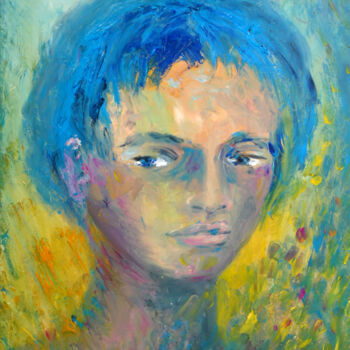 Peinture intitulée "Visage en bleu, cha…" par Marie-Sophie Ewreïnoff (Sofi Ewreïnoff), Œuvre d'art originale, Huile