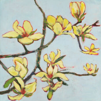 Ζωγραφική με τίτλο "Les magnolias jaunes" από Marielle Robichaud, Αυθεντικά έργα τέχνης, Ακρυλικό Τοποθετήθηκε στο Ξύλινο φο…