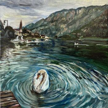 Malerei mit dem Titel "Swan Lake in Halsta…" von Mariia Gabelko, Original-Kunstwerk, Öl Auf Keilrahmen aus Holz montiert