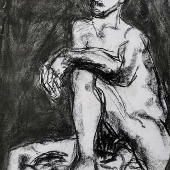 Drawing titled "Assis - Sitting" by Marijo Ponce Fest, Original Artwork, Charcoal