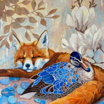 Painting titled "Dreams of a Duck" by Marina Beresneva, Original Artwork, Acrylic Mounted on Wood Stretcher frame
