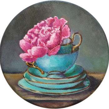 Painting titled "Peony in a turquois…" by Marina Letti, Original Artwork, Oil