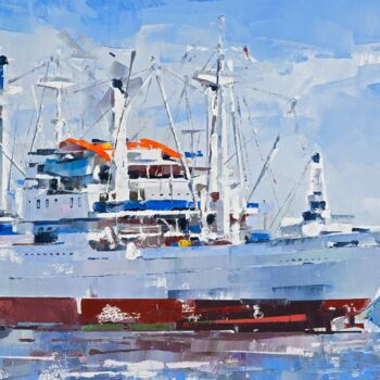 Painting titled "Museum Cargo Ship C…" by Volodymyr Glukhomanyuk, Original Artwork, Oil Mounted on Wood Stretcher frame