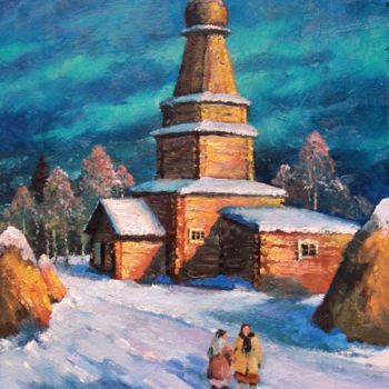 Painting titled "Village church" by Mark Kremer, Original Artwork, Oil