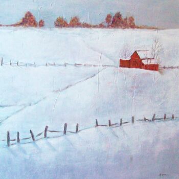 Schilderij getiteld "Red Barn in the Snow" door Marne Jensen, Origineel Kunstwerk, Acryl Gemonteerd op Frame voor houten bra…