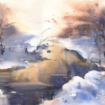 Painting titled "Sunset on the winte…" by Maria Marni, Original Artwork, Watercolor