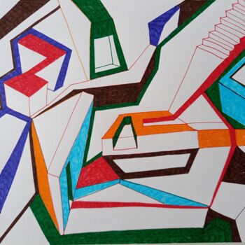 Painting titled "Espaços" by Marta Pimentel, Original Artwork, Marker Mounted on Cardboard