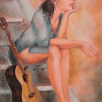 Peinture intitulée "La guitariste" par Martine Gregoire, Œuvre d'art originale, Huile Monté sur Châssis en bois