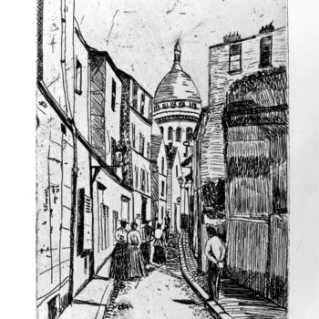 Printmaking titled "Rue St Rustique Noi…" by Martine Mabilleau, Original Artwork, Etching