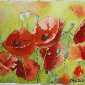 Pintura intitulada "Coquelicots oranges" por Martine Boguet, Obras de arte originais, Aquarela Montado em Armação em madeira