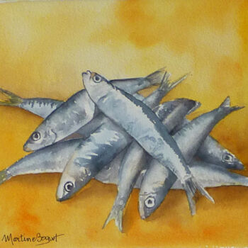 Картина под названием "Sardines à Barbecue" - Martine Boguet, Подлинное произведение искусства, Акварель Установлен на Дерев…