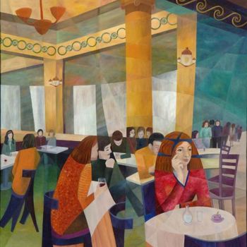 「PAUSE CAFE」というタイトルの絵画 Martine Castelによって, オリジナルのアートワーク, オイル