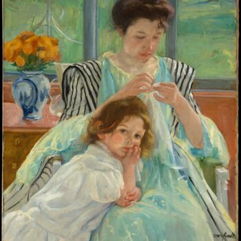 Painting titled "Jeune mère cousant" by Mary Cassatt, Original Artwork, Oil