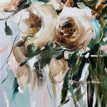 「White roses — oil p…」というタイトルの絵画 Maryna Hryhorenkoによって, オリジナルのアートワーク, オイル ウッドストレッチャーフレームにマウント