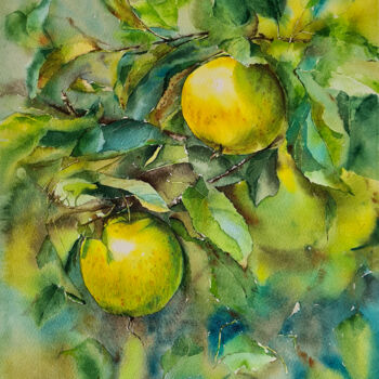 Картина под названием "Branch with yellow…" - Maryna Slizinova, Подлинное произведение искусства, Акварель