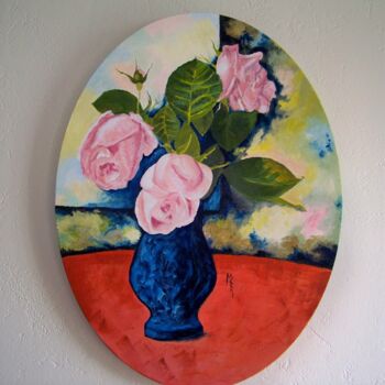 Ζωγραφική με τίτλο "Les roses (hommage…" από Maryse Curinier-Rochette, Αυθεντικά έργα τέχνης, Λάδι Τοποθετήθηκε στο Ξύλινο φ…