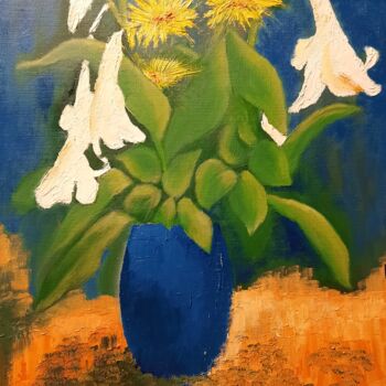 Painting titled "Bouquet jaune et bl…" by Maryse Curinier-Rochette, Original Artwork, Oil