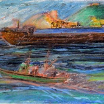 Painting titled "Petroliera nel golfo" by Maurizio Aprea, Original Artwork, Pastel