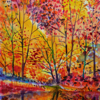 Painting titled "Autumn forest refle…" by Maja Grecic, Original Artwork, Watercolor