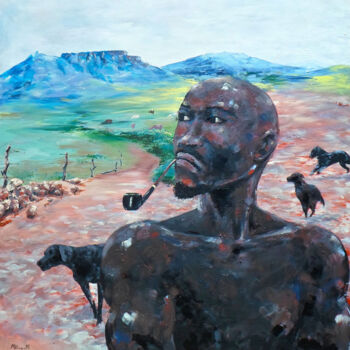 Schilderij getiteld "Man with dogs" door Mbongeni, Origineel Kunstwerk, Acryl