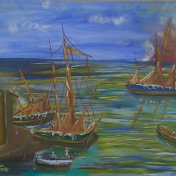Painting titled "Amanhecer no porto" by Marcos Henrique Mello, Original Artwork, Oil