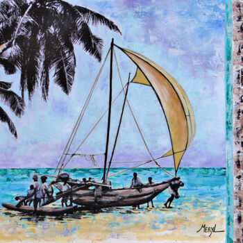Collages intitulée "Retour de pêche" par Meryl, Œuvre d'art originale, Acrylique